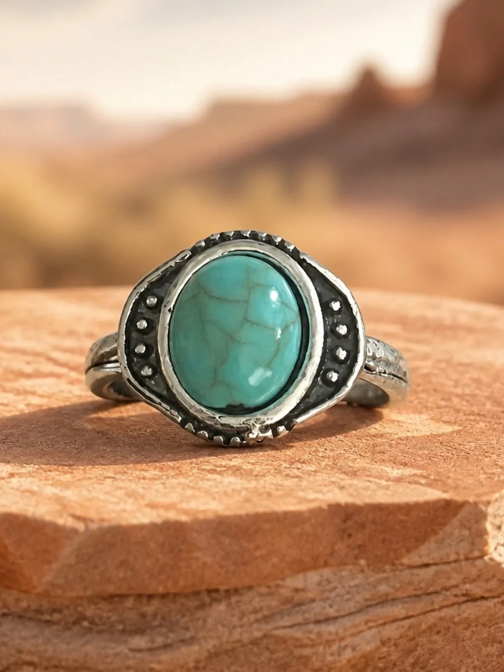 Turquoise Stone Silver-Tone Ladies Ring - Blue Size 8
